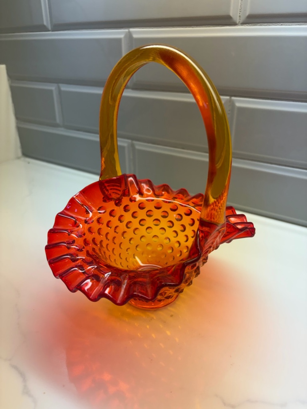Fenton Orange Amber Hobnail Glass Basket - Picture 3 of 4